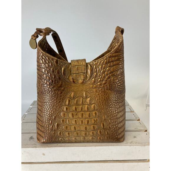 BRAHMIN BROWN AND GOLD SHIMMER CROCK LEATHER SHOULER BAG - Picture 4 of 16